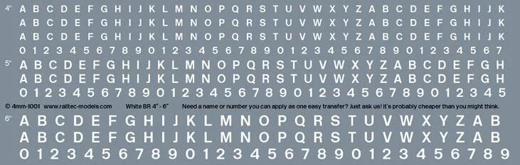 RT-4-1001 Railtec Numeric Alphabet Waterslide Transfers - White BR Font