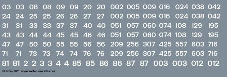 RT-4-1201 Railtec BR TOPS Number Sheet Waterslide Transfers - White