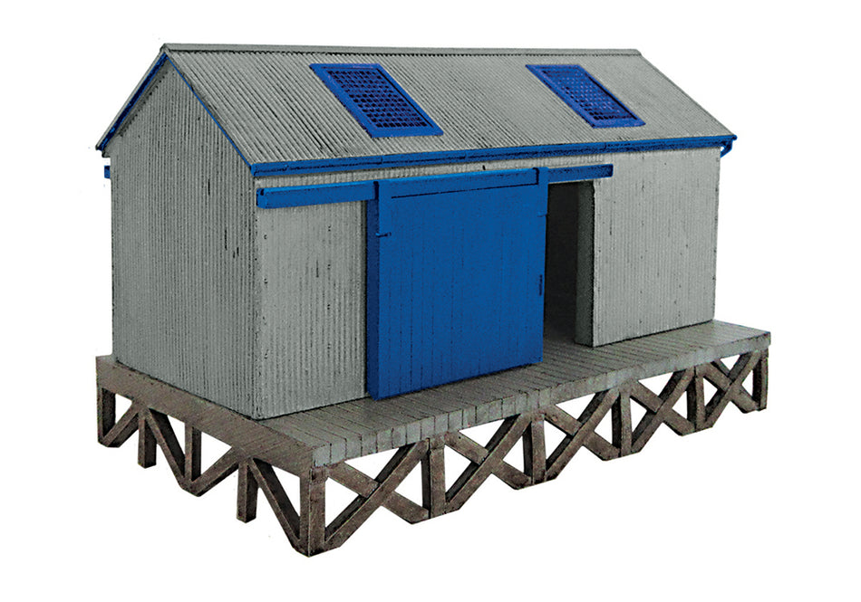 44-006G Bachmann Scenecraft Corrugated Goods Shed - Grey and Blu