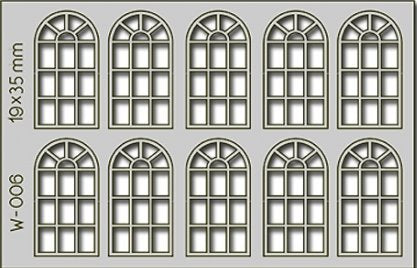 W-006 Proses 10 pcs 19X35mm 14 Pane Arched Windows HO/OO