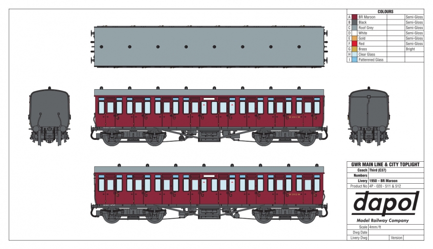 4P-020-512 Dapol GWR Toplight Mainline & City All Second Coach number 3912 - BR Maroon - Set 6