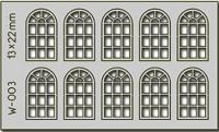 W-003 Proses 10 pcs 13X22mm 14 Pane Arched Windows HO/OO