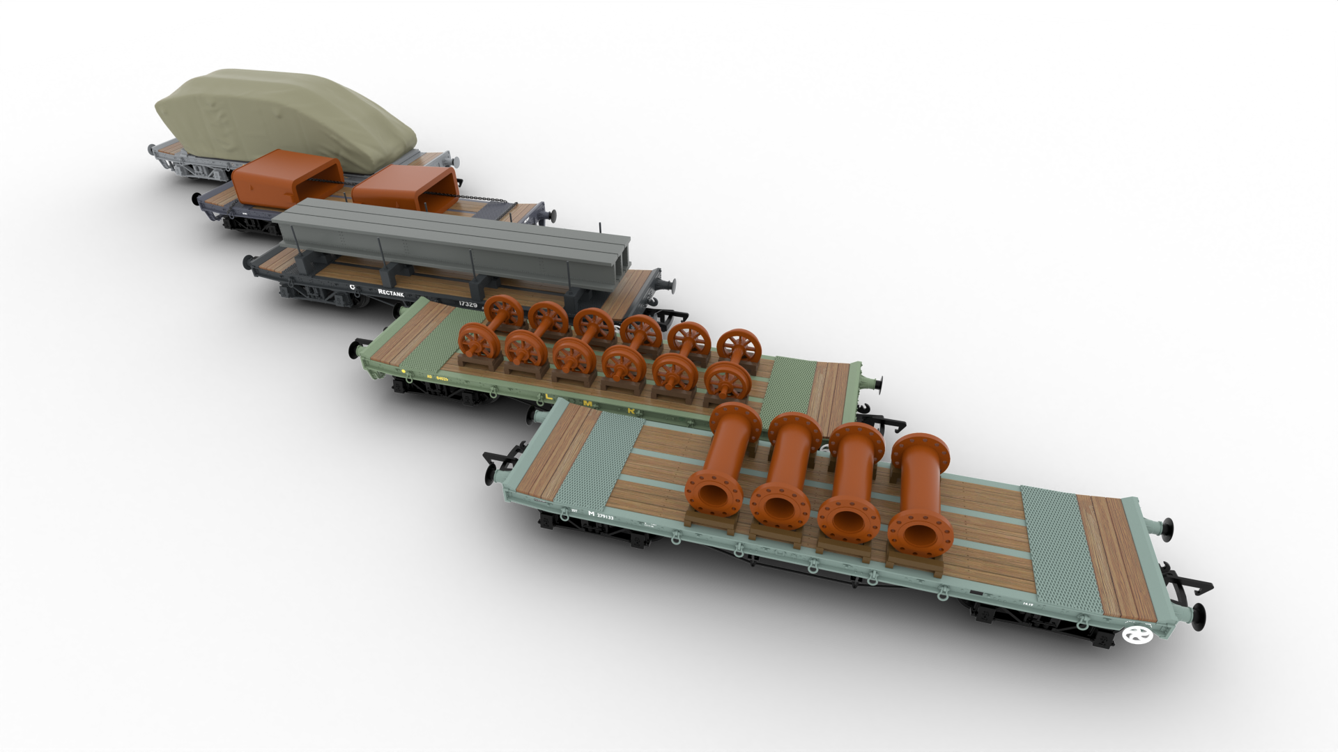 Rapido Trains UK War Department Rectank bogie wagons and loads image